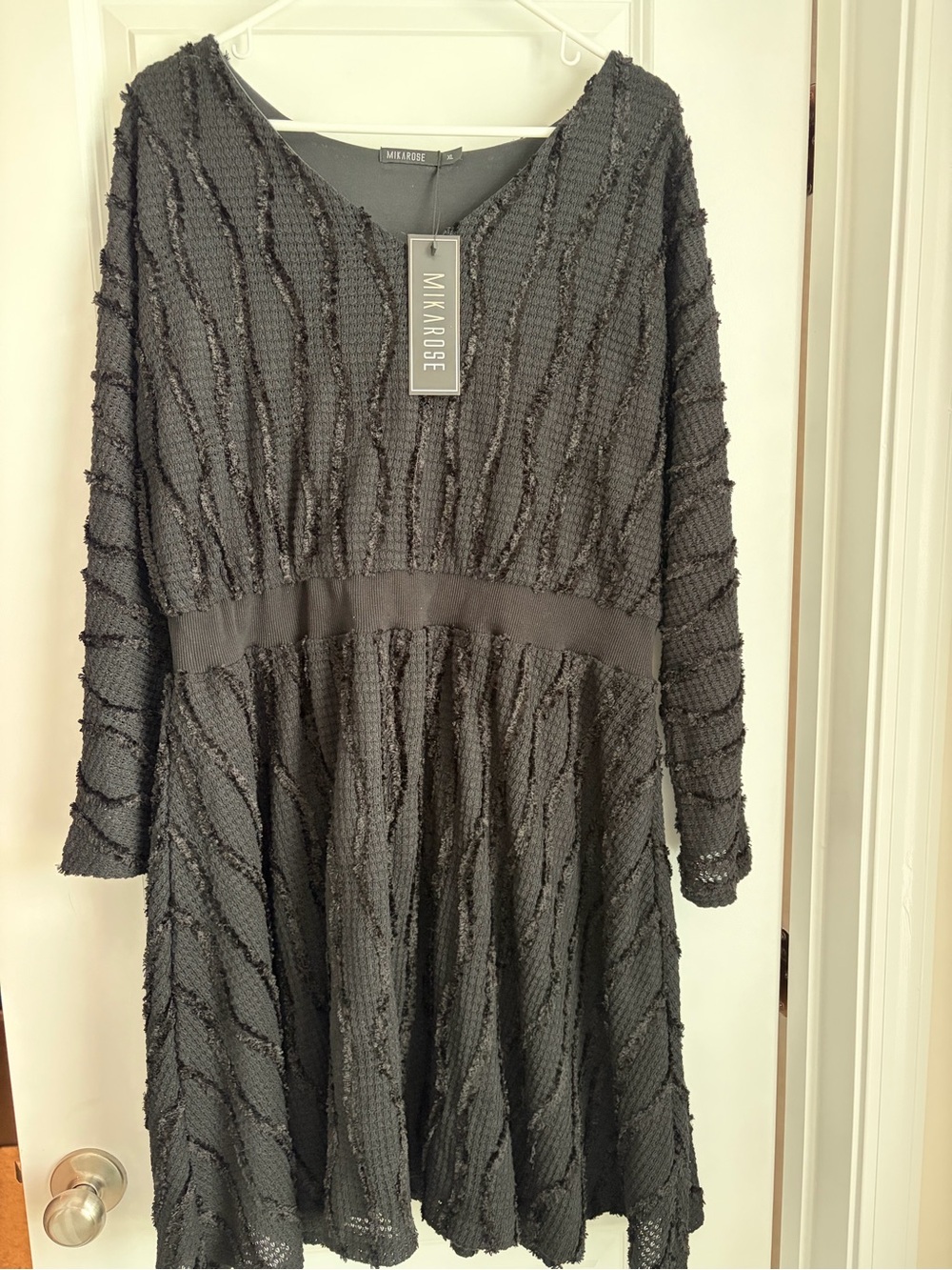 MIKAROSE Black Textured Long-Sleeve Fit & Flare Dress